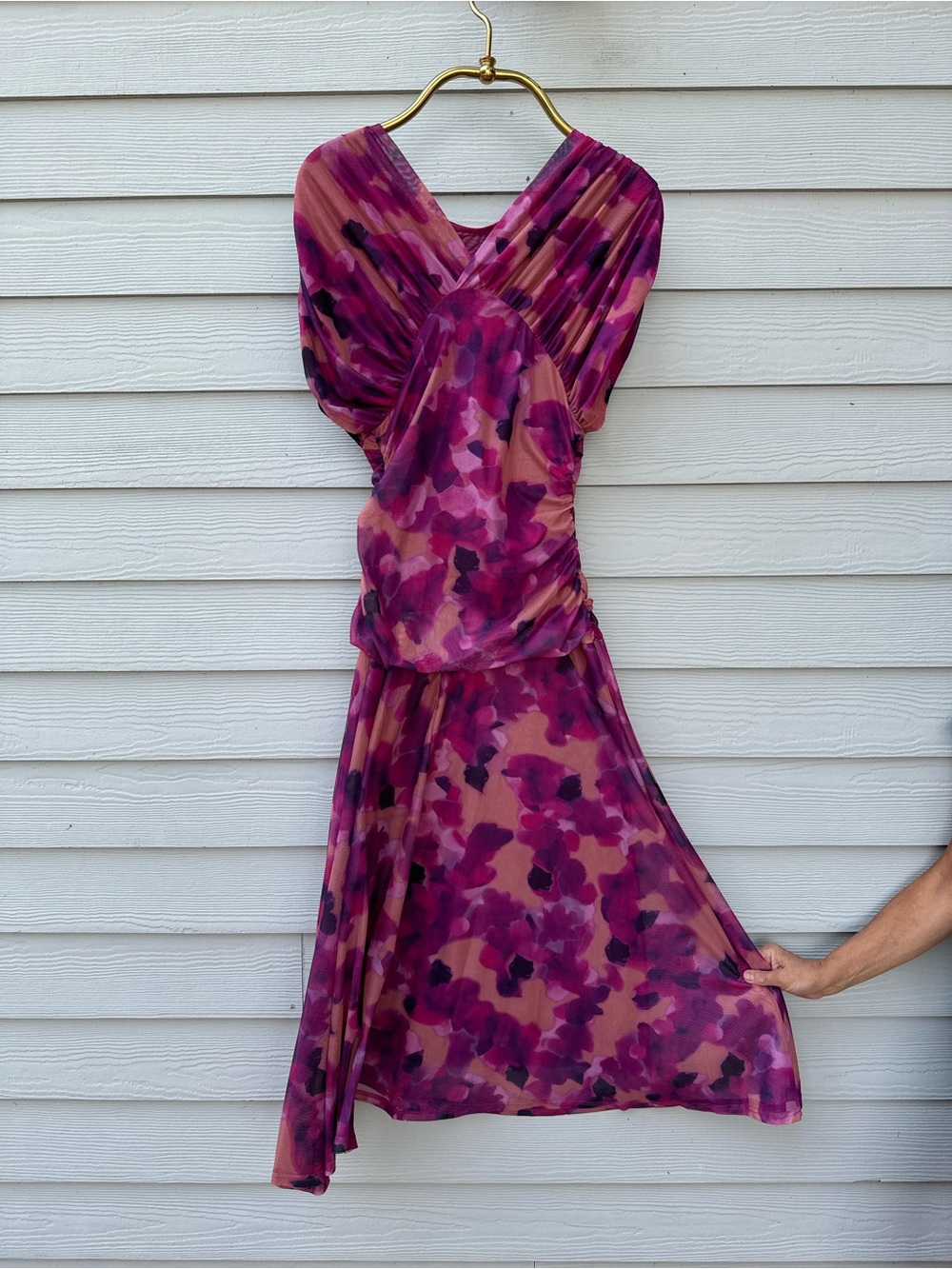 Women's Pink Floral Midi Dress - Elegant V-Neck